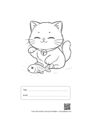 Thumbnail: Happy Persian Kitten Catching a Fish in a Pond Fun Animal Coloring Printable with Title and Artist Box