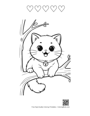 Thumbnail: Happy Persian Kitten Sitting on a Curved Tree Branch Nature Coloring Sheet Printable and 5 Heart Outline