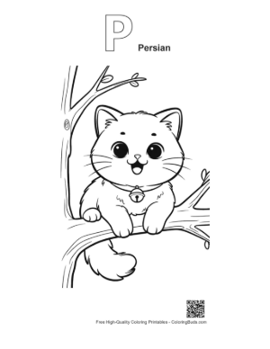 Thumbnail: Happy Persian Kitten Sitting on a Curved Tree Branch Nature Coloring Sheet Printable Outline Alphabet P Persian