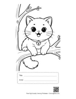 Thumbnail: Happy Persian Kitten Sitting on a Curved Tree Branch Nature Coloring Sheet Printable with Title and Artist Box
