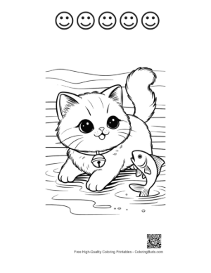 Thumbnail: Persian Kitten by the Water with a Jumping Fish Kitten Outdoor Coloring Printable and 5 Happy Face Outline