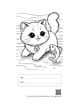 Thumbnail: Persian Kitten by the Water with a Jumping Fish Kitten Outdoor Coloring Printable with Title and Artist Box