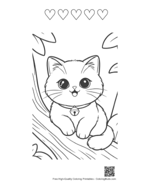Thumbnail: Persian Kitten Looking Out from Behind a Branch Playful Cat Coloring Printable and 5 Heart Outline