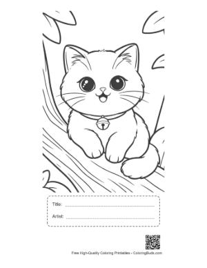 Thumbnail: Persian Kitten Looking Out from Behind a Branch Playful Cat Coloring Printable with Title and Artist Box