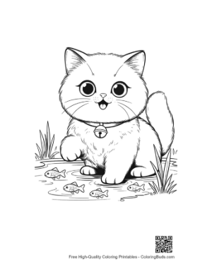 Thumbnail: Persian Kitten Playing Near a Pond with a Small Fish Nature Line Art Printable