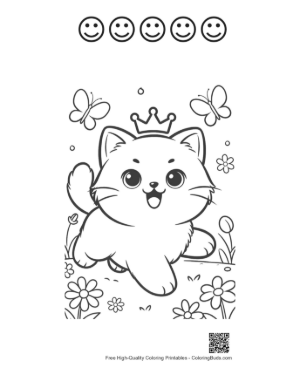 Thumbnail: Persian Kitten Princess Running Through a Meadow Cute Pet Coloring Printable and 5 Happy Face Outline