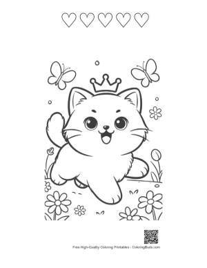 Thumbnail: Persian Kitten Princess Running Through a Meadow Cute Pet Coloring Printable and 5 Heart Outline
