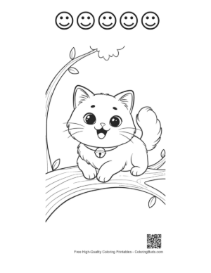 Thumbnail: Persian Kitten Sitting on a Tree Branch Outdoor Cat Adventure Coloring Printable and 5 Happy Face Outline