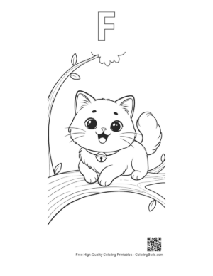 Thumbnail: Persian Kitten Sitting on a Tree Branch Outdoor Cat Adventure Coloring Printable Outline Alphabet F