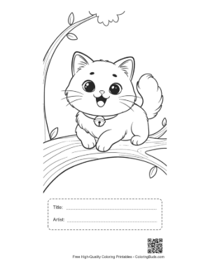 Thumbnail: Persian Kitten Sitting on a Tree Branch Outdoor Cat Adventure Coloring Printable with Title and Artist Box
