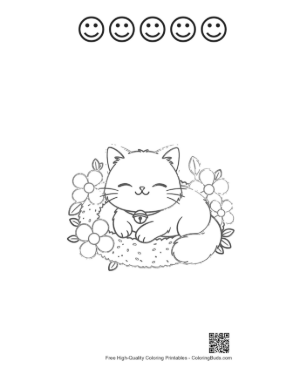 Thumbnail: Persian Kitten Taking a Nap in a Floral Pet Bed Sleepy Cat Coloring Printable and 5 Happy Face Outline