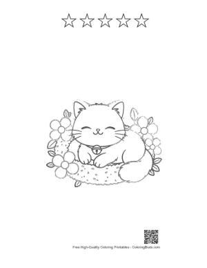 Thumbnail: Persian Kitten Taking a Nap in a Floral Pet Bed Sleepy Cat Coloring Printable and 5 Star Outline