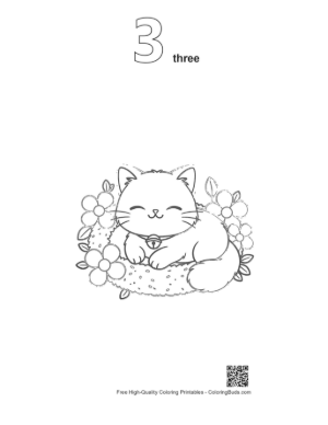 Thumbnail: Persian Kitten Taking a Nap in a Floral Pet Bed Sleepy Cat Coloring Printable Outline Number 3