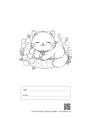 Thumbnail: Persian Kitten Taking a Nap in a Floral Pet Bed Sleepy Cat Coloring Printable with Title and Artist Box