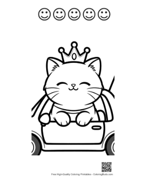 Thumbnail: Persian Kitten Wearing a Crown Driving a Toy Car Fun Cat Coloring Printable and 5 Happy Face Outline