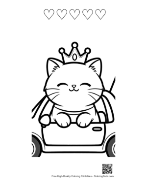 Thumbnail: Persian Kitten Wearing a Crown Driving a Toy Car Fun Cat Coloring Printable and 5 Heart Outline