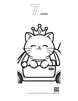 Thumbnail: Persian Kitten Wearing a Crown Driving a Toy Car Fun Cat Coloring Printable Outline Number 7