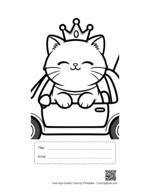 Thumbnail: Persian Kitten Wearing a Crown Driving a Toy Car Fun Cat Coloring Printable with Title and Artist Box