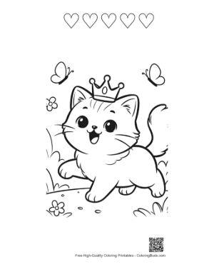 Thumbnail: Persian Kitten Wearing a Crown in a Flower Garden Princess Cat Coloring Printable and 5 Heart Outline