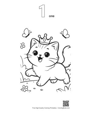 Thumbnail: Persian Kitten Wearing a Crown in a Flower Garden Princess Cat Coloring Printable Outline Number 1