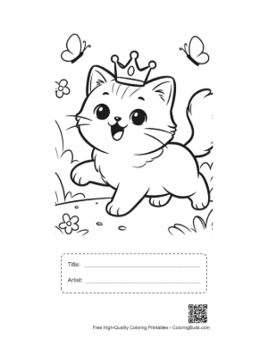 Thumbnail: Persian Kitten Wearing a Crown in a Flower Garden Princess Cat Coloring Printable with Title and Artist Box