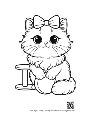Thumbnail: Persian Kitten with a Big Bow Sitting Gracefully Feline Coloring Page Printable