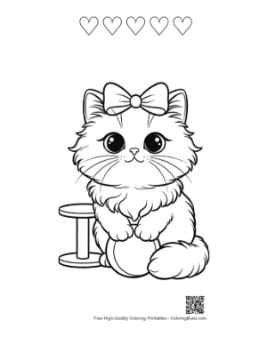 Thumbnail: Persian Kitten with a Big Bow Sitting Gracefully Feline Coloring Page Printable and 5 Heart Outline