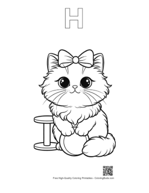 Thumbnail: Persian Kitten with a Big Bow Sitting Gracefully Feline Coloring Page Printable Outline Alphabet H