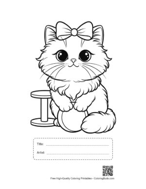 Thumbnail: Persian Kitten with a Big Bow Sitting Gracefully Feline Coloring Page Printable with Title and Artist Box