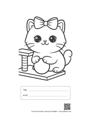 Thumbnail: Playful Persian Kitten by a Scratching Post Kitten Line Drawing Printable with Title and Artist Box