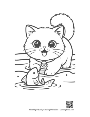 Thumbnail: Smiling Persian Kitten Watching Fish in a Pond Serene Cat Line Art Printable
