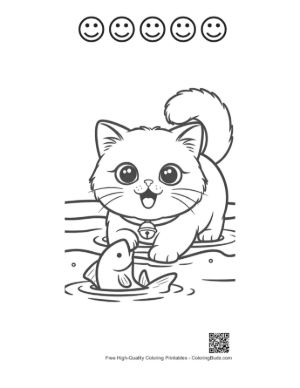 Thumbnail: Smiling Persian Kitten Watching Fish in a Pond Serene Cat Line Art Printable and 5 Happy Face Outline