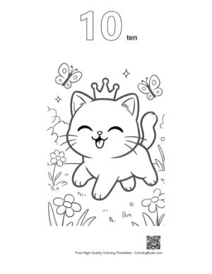 Thumbnail: Smiling Persian Kitten with a Crown in a Garden Animal Coloring Sheet Printable Outline Number 10