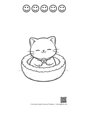 Thumbnail: Sweet Persian Kitten Curled Up in a Soft Pet Bed Indoor Coloring Page Printable and 5 Happy Face Outline