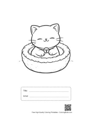 Thumbnail: Sweet Persian Kitten Curled Up in a Soft Pet Bed Indoor Coloring Page Printable with Title and Artist Box