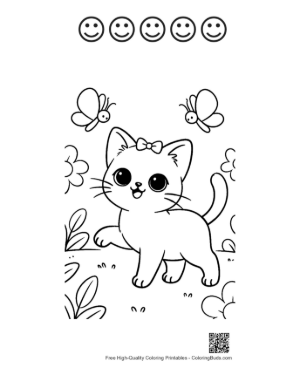 Thumbnail: Cute Siamese Kitten Exploring a Flower Meadow Spring Cat Coloring Sheet Printable and 5 Happy Face Outline