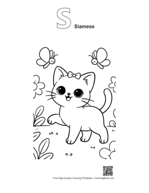 Thumbnail: Cute Siamese Kitten Exploring a Flower Meadow Spring Cat Coloring Sheet Printable Outline Alphabet S Siamese