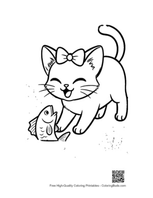 Thumbnail: Siamese Kitten Holding a Small Fish Toy Cute Kitty Coloring Book Printable