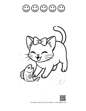 Thumbnail: Siamese Kitten Holding a Small Fish Toy Cute Kitty Coloring Book Printable and 5 Happy Face Outline