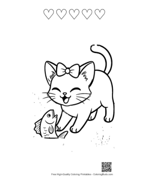 Thumbnail: Siamese Kitten Holding a Small Fish Toy Cute Kitty Coloring Book Printable and 5 Heart Outline