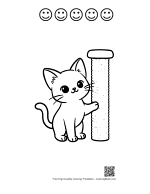 Thumbnail: Siamese Kitten Leaning on a Scratching Pole Adorable Kitty Coloring Sheet Printable and 5 Happy Face Outline