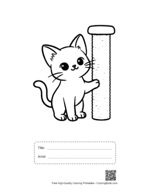 Thumbnail: Siamese Kitten Leaning on a Scratching Pole Adorable Kitty Coloring Sheet Printable with Title and Artist Box