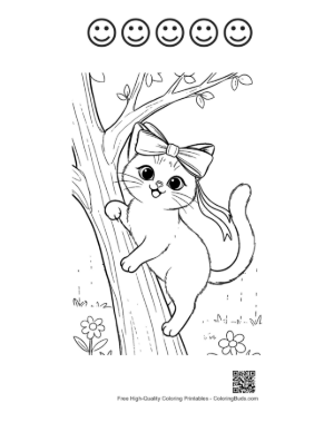 Thumbnail: Siamese Kitten Looking Down from a Tree Curious Animal Coloring Page Printable and 5 Happy Face Outline