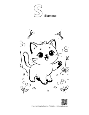 Thumbnail: Siamese Kitten Sitting Among Summer Flowers Cute Garden Coloring Page Printable Outline Alphabet S Siamese