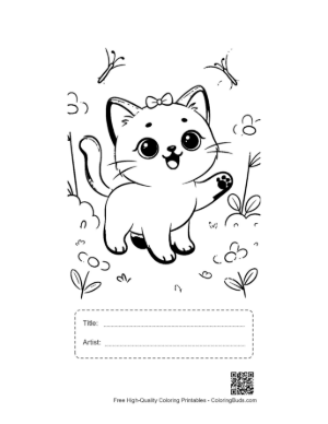 Thumbnail: Siamese Kitten Sitting Among Summer Flowers Cute Garden Coloring Page Printable with Title and Artist Box