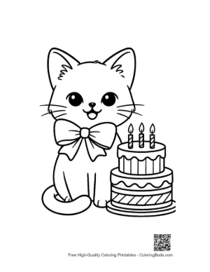 Thumbnail: Siamese Kitten Sitting Next to a Tiered Cake Birthday Party Coloring Sheet Printable