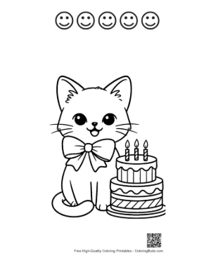 Thumbnail: Siamese Kitten Sitting Next to a Tiered Cake Birthday Party Coloring Sheet Printable and 5 Happy Face Outline