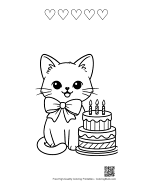 Thumbnail: Siamese Kitten Sitting Next to a Tiered Cake Birthday Party Coloring Sheet Printable and 5 Heart Outline