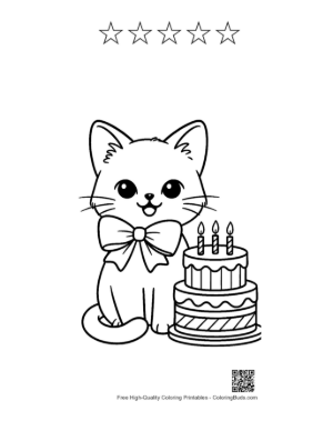 Thumbnail: Siamese Kitten Sitting Next to a Tiered Cake Birthday Party Coloring Sheet Printable and 5 Star Outline