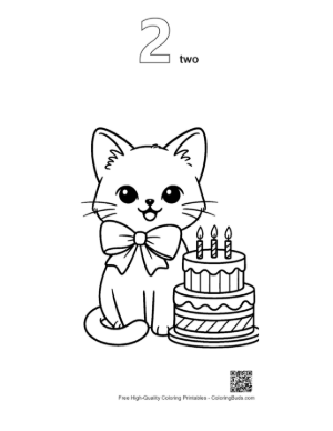 Thumbnail: Siamese Kitten Sitting Next to a Tiered Cake Birthday Party Coloring Sheet Printable Outline Number 2